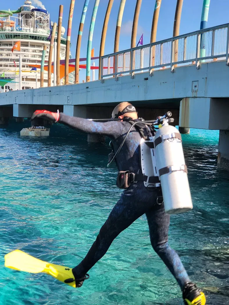 Diver preparing to inspect underwater dock foundations
