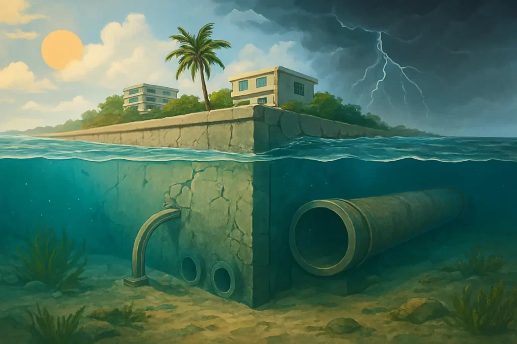 Cracked seawall and corroded underwater pipes showing climate change impact on coastal infrastructure