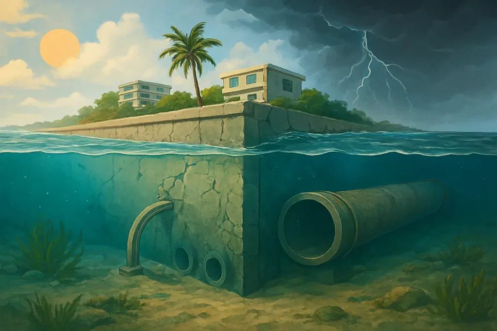 Cracked seawall and corroded underwater pipes showing climate change impact on coastal infrastructure