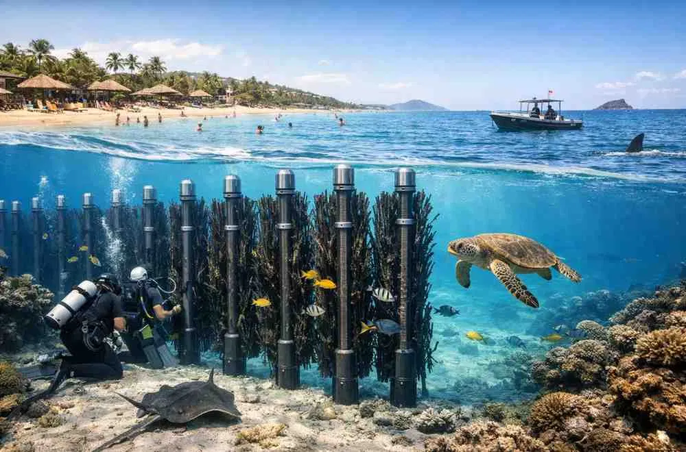 Eco-friendly shark deterrent system supporting coastal safety and biodiversity.